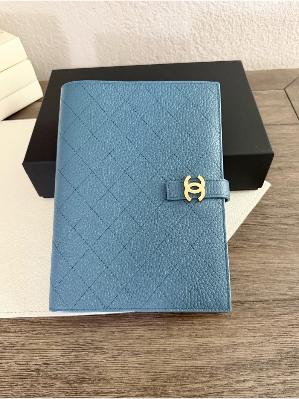 CHANEL Light Blue Quilted Leather Agenda Cover with Gold CC Clasp,notebook
